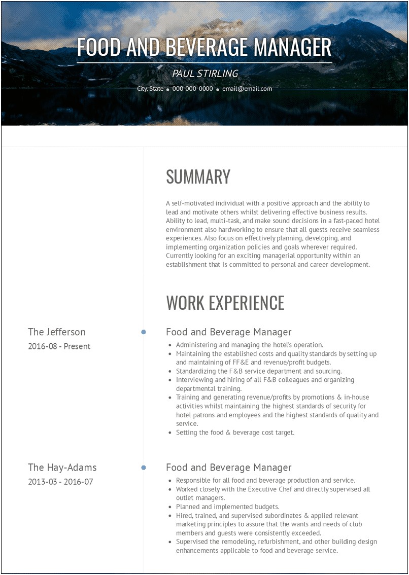 Resume Experience For Food And Beverage