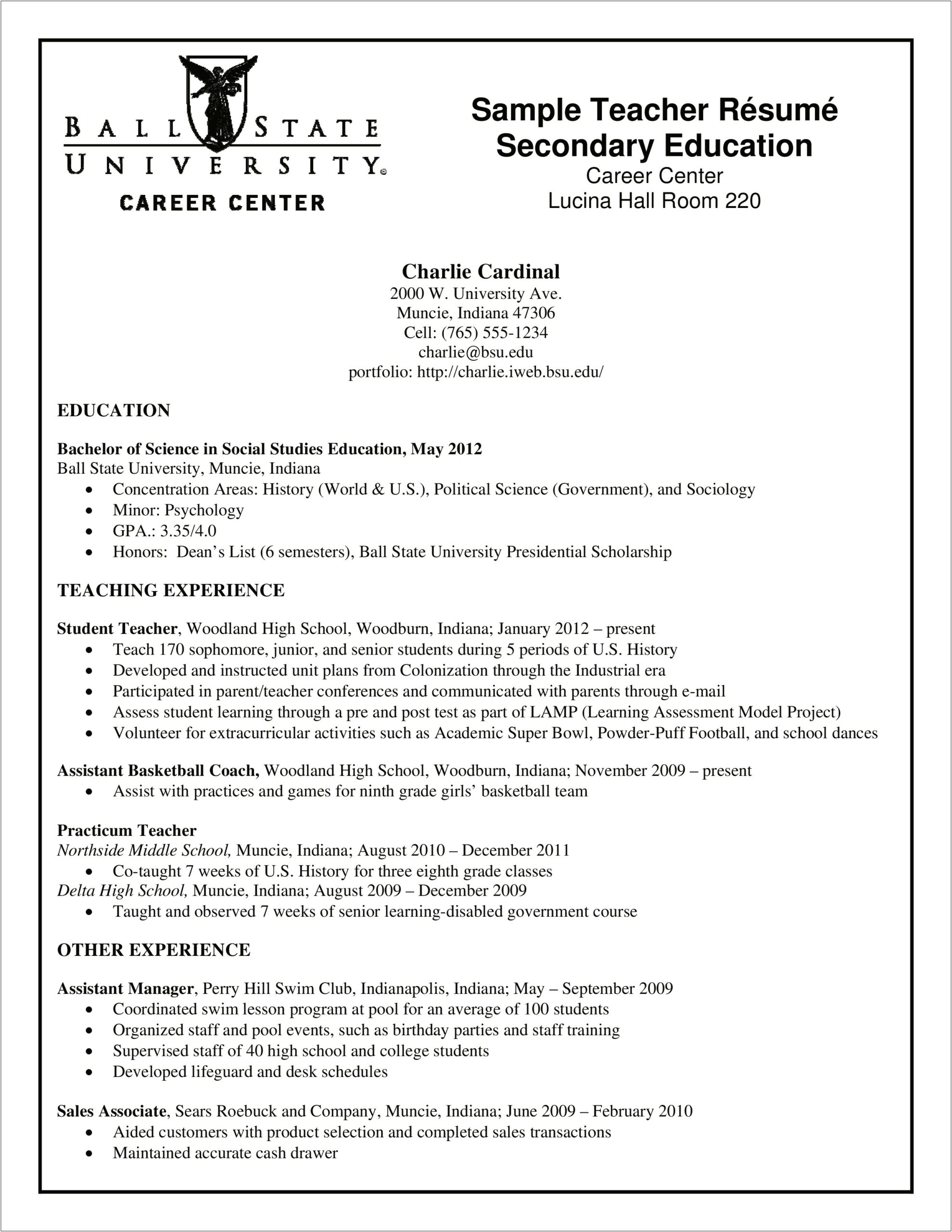 Resume Experience Section Middle School Teacher