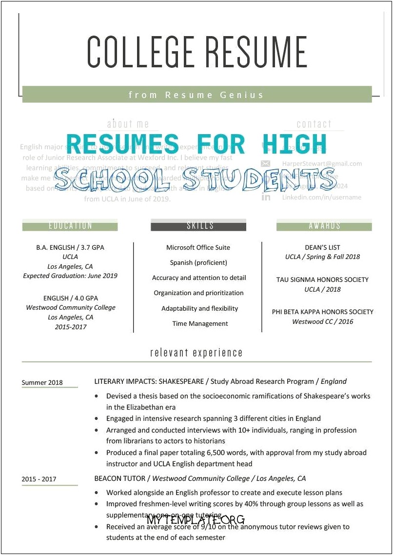 Resume Fior A High School Student