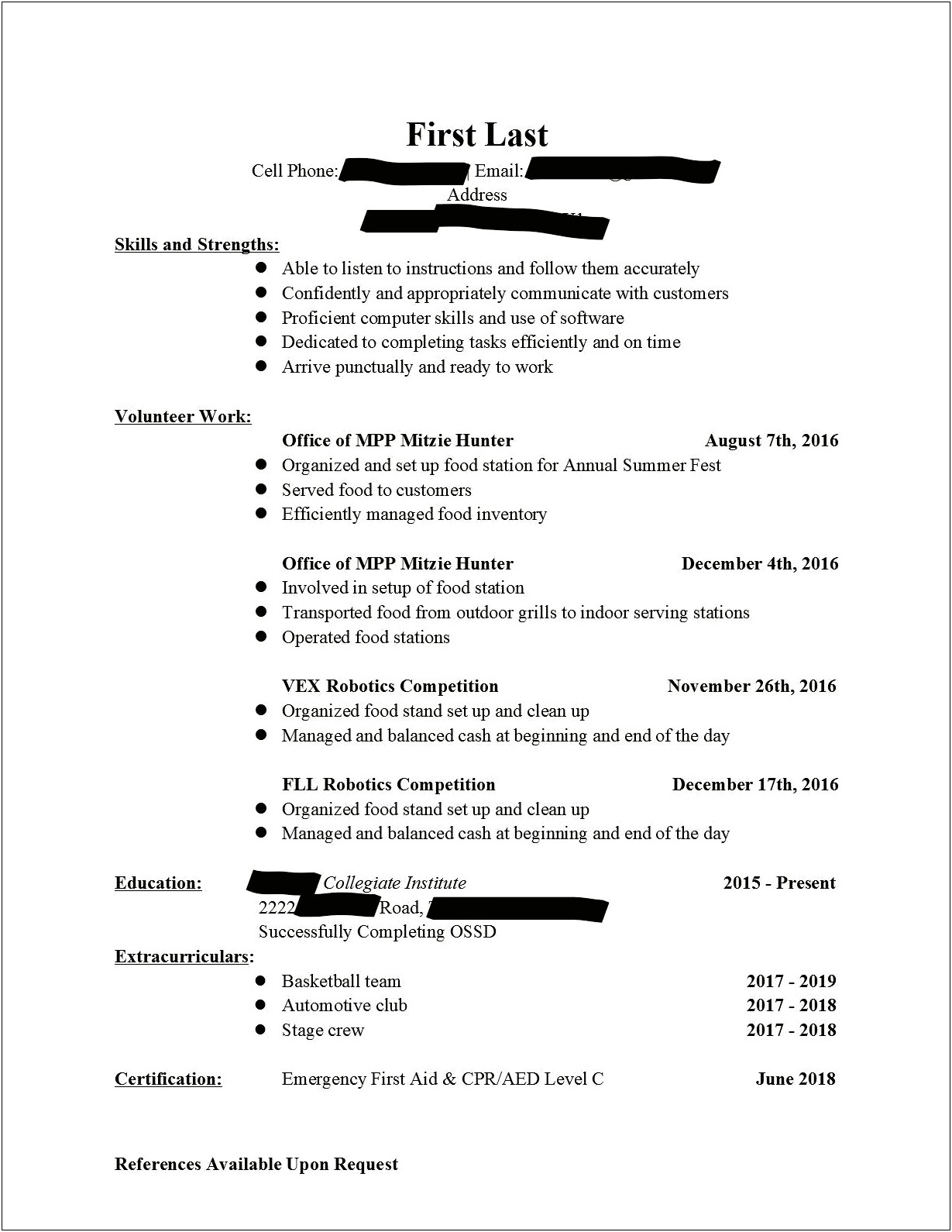 Resume First Job Out Of High School