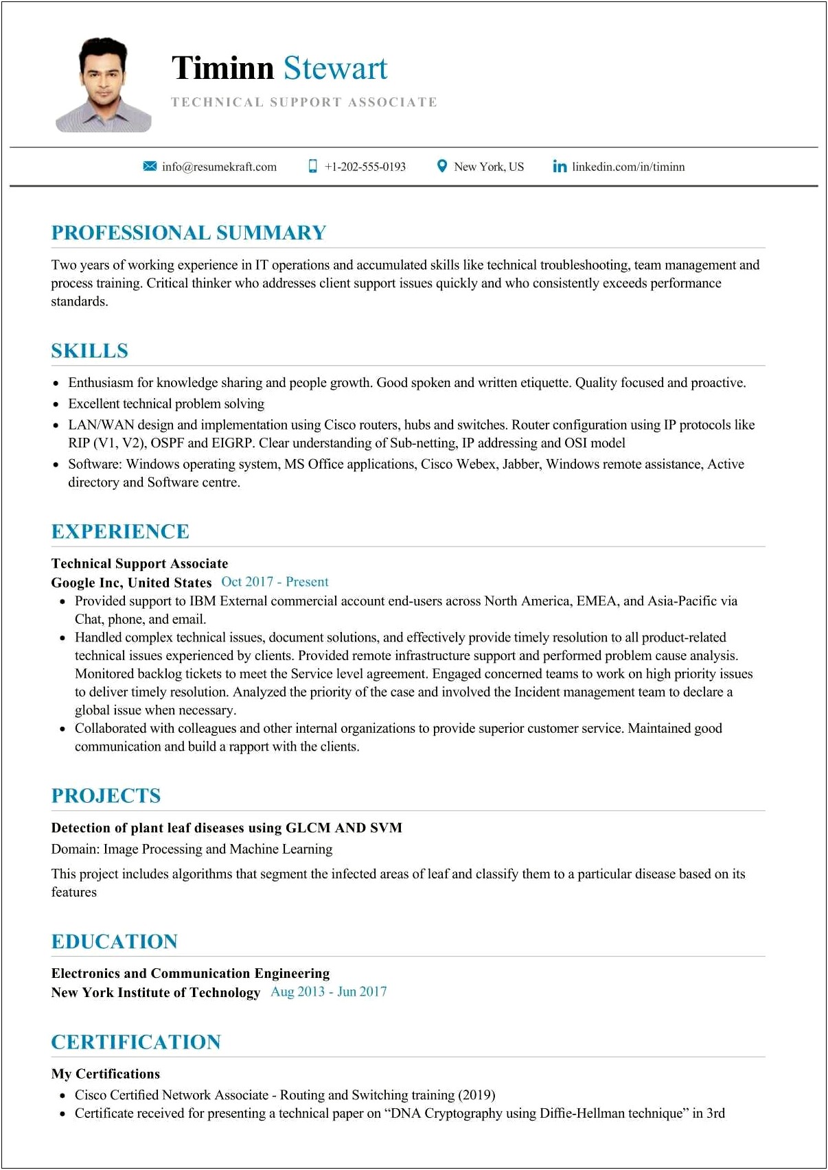 Resume For 1 Year Experience In Technical Support