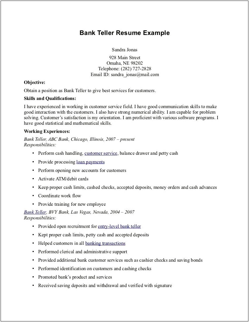 Resume For A Bank Teller Position Objective