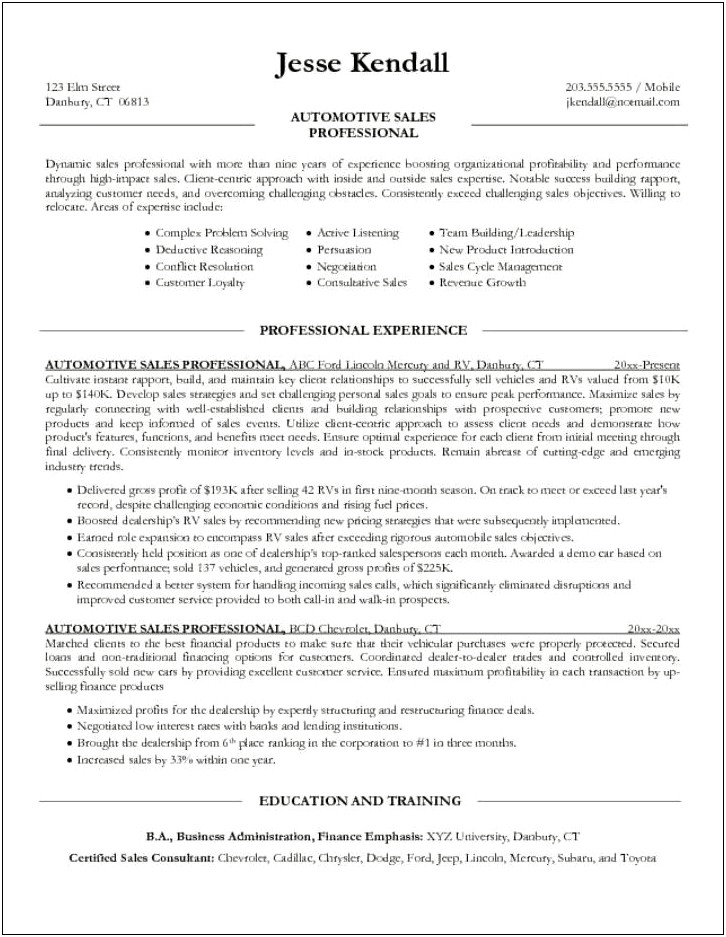 Resume For A Car Salesman Job