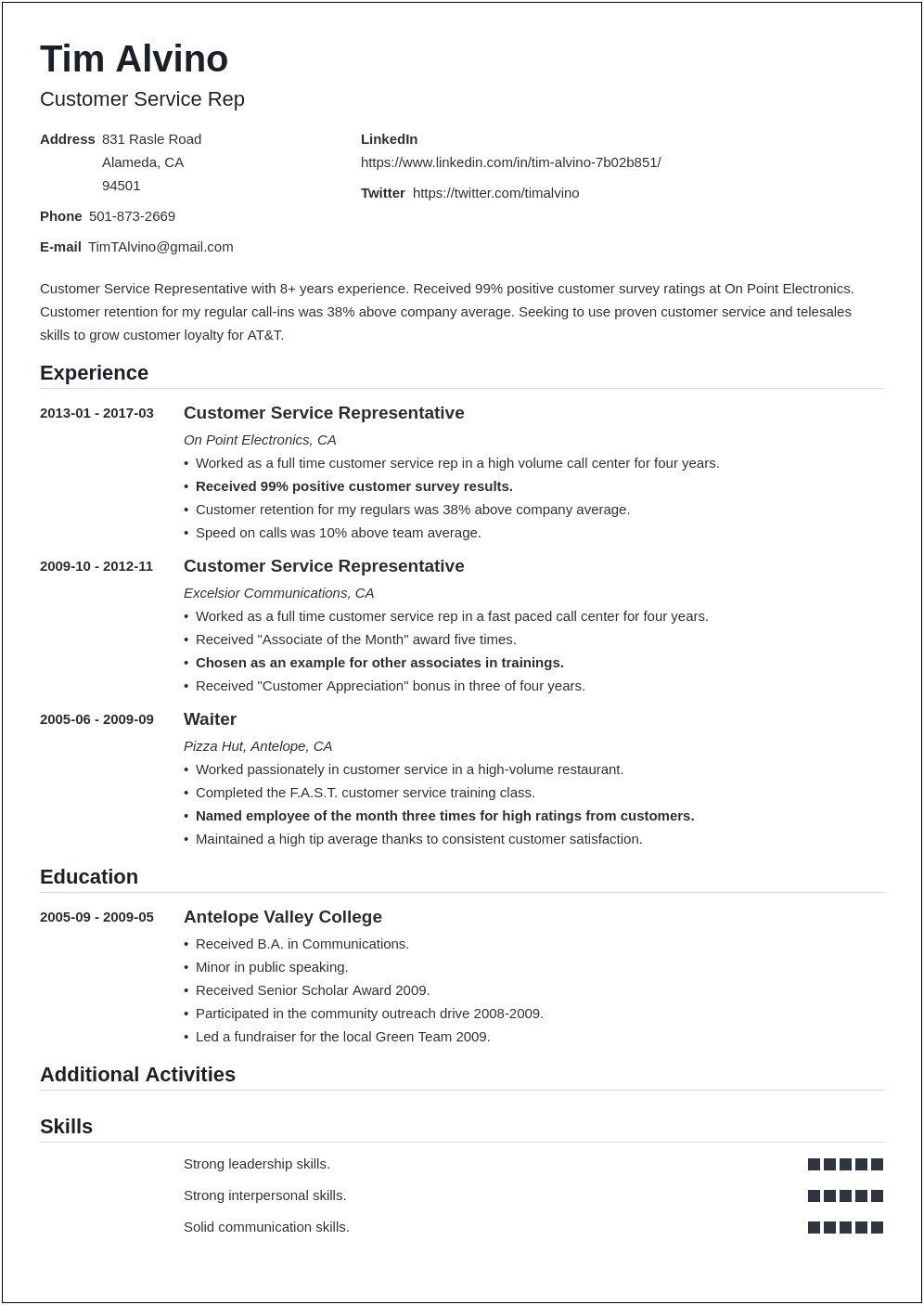 Resume For A Customer Services Call Center Job