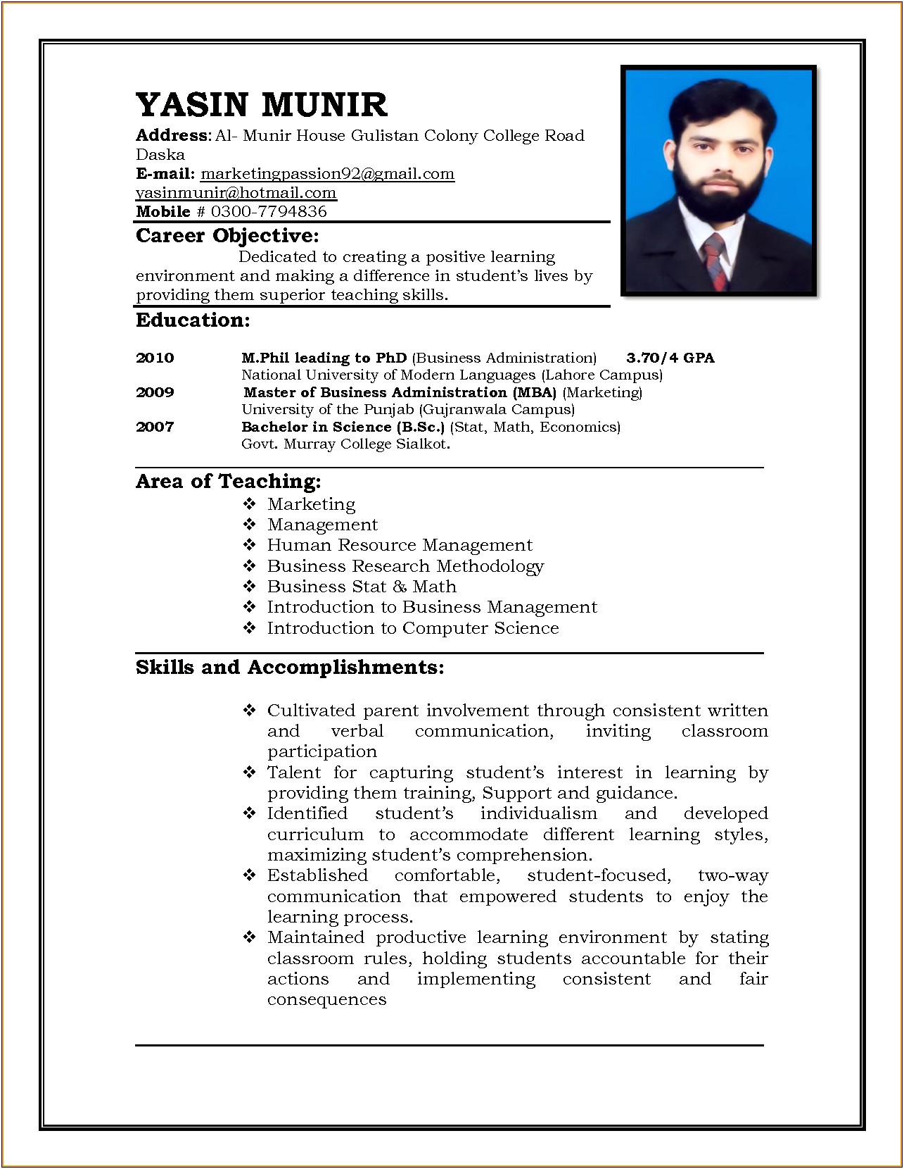 Resume For A Job Of Teacher