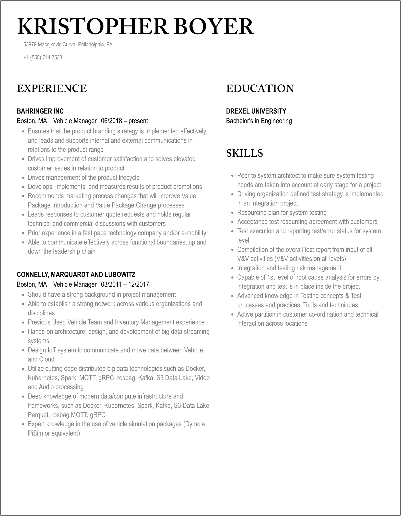 Resume For A Manager In The Tow Industry