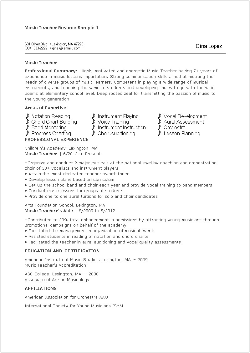 Resume For A Middle School Student In Vocals