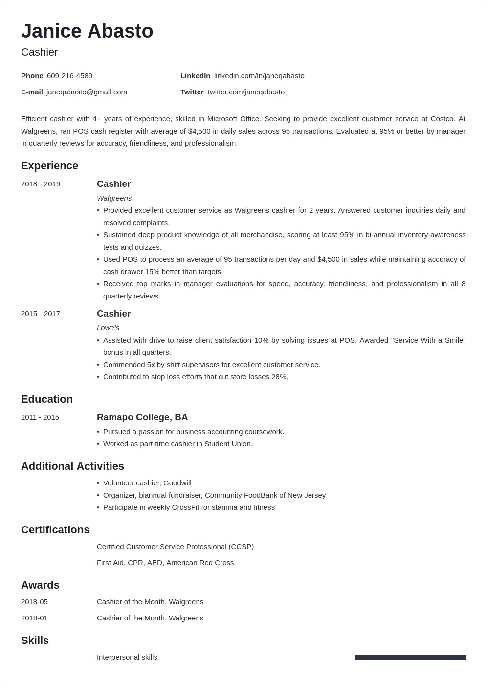 Resume For A Non Experience Cashier