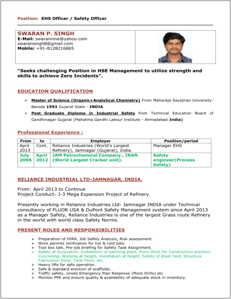 Resume For A Prevention And Protection Manager