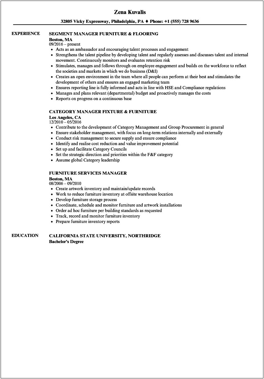 Resume For A Sale Manager Furniture