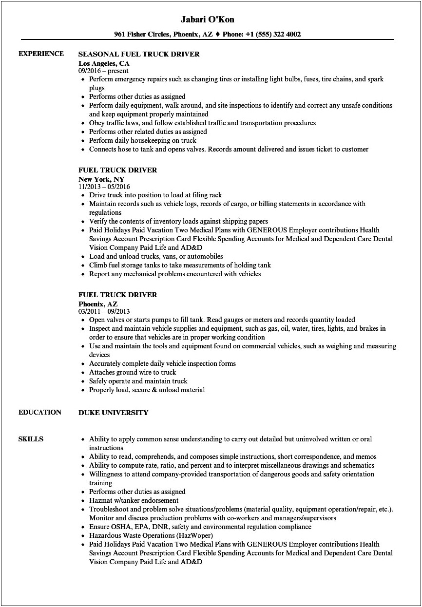 Resume For A Truck Driver Objective