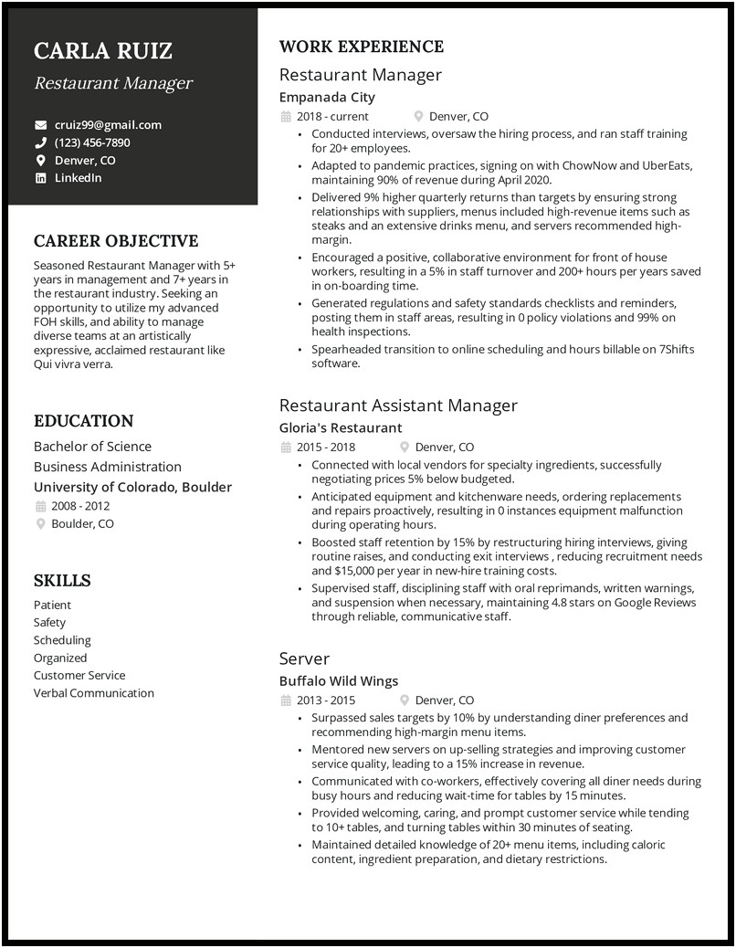 Resume For Apply At Restaurant Examples