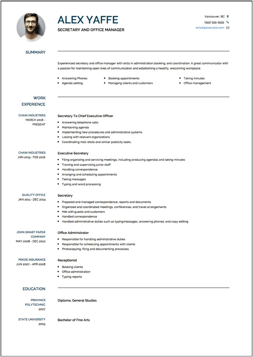 Resume For Applying A Secretary Job