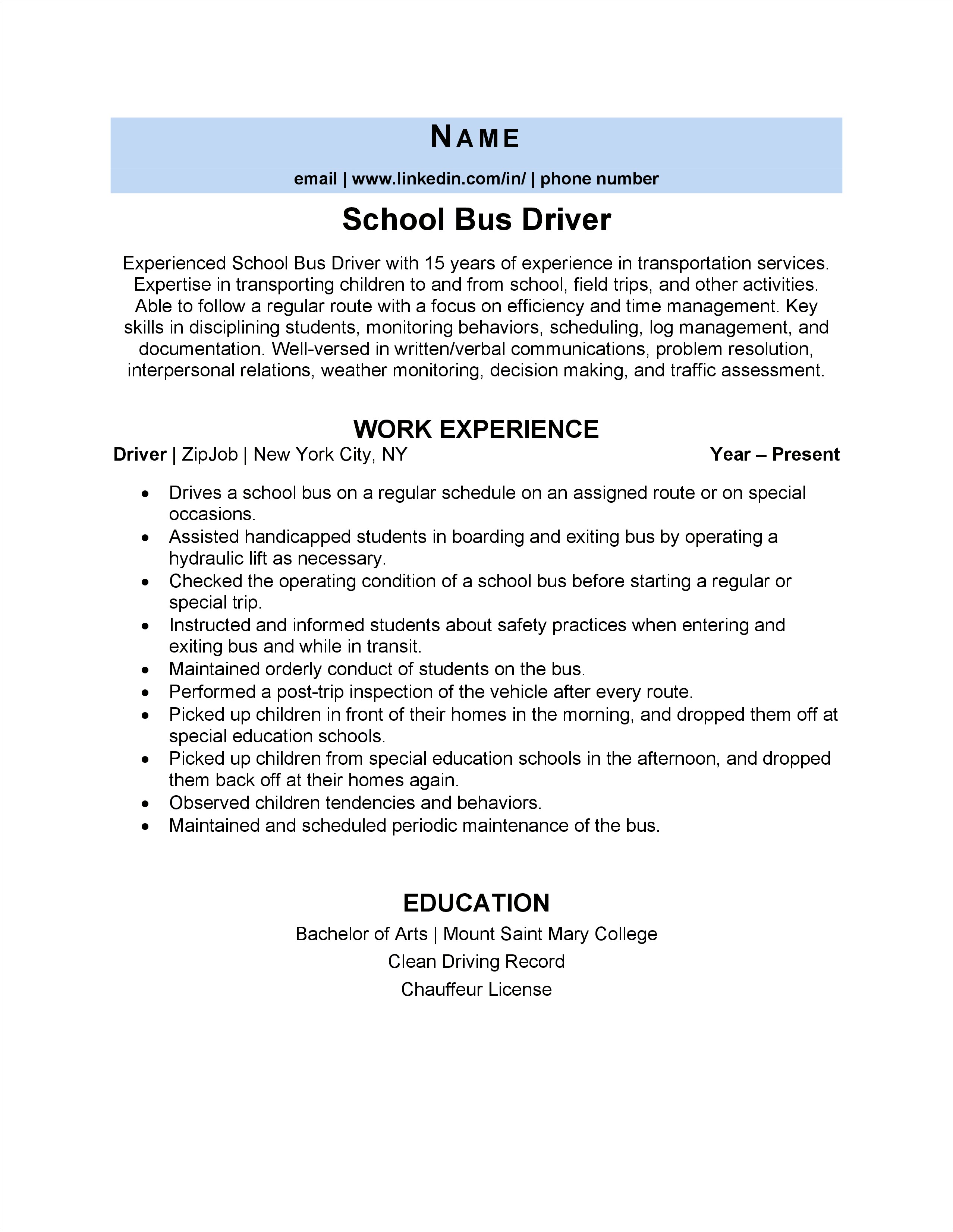 Resume For Bus Driver With No Experience