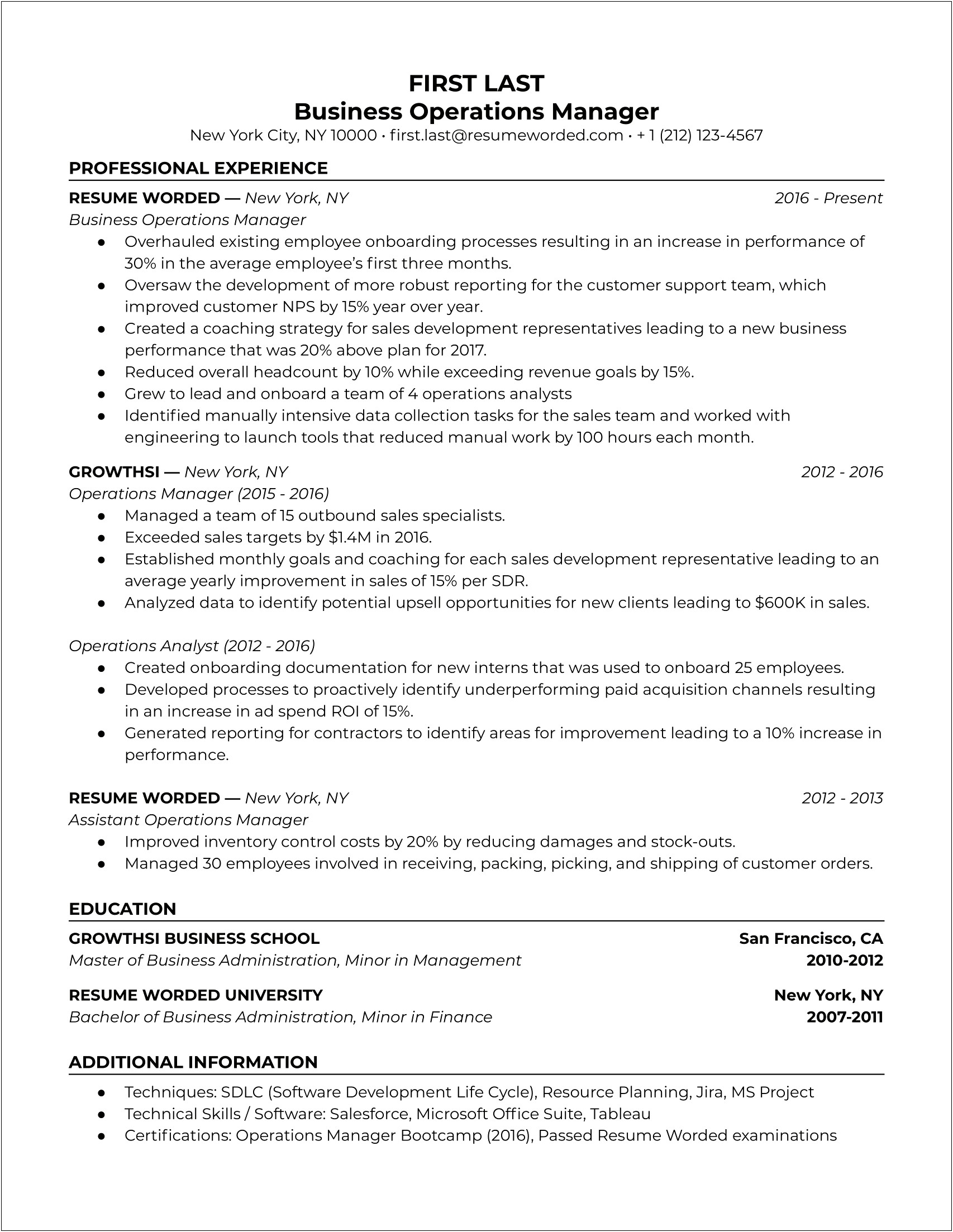 Resume For Business Management Without Experience