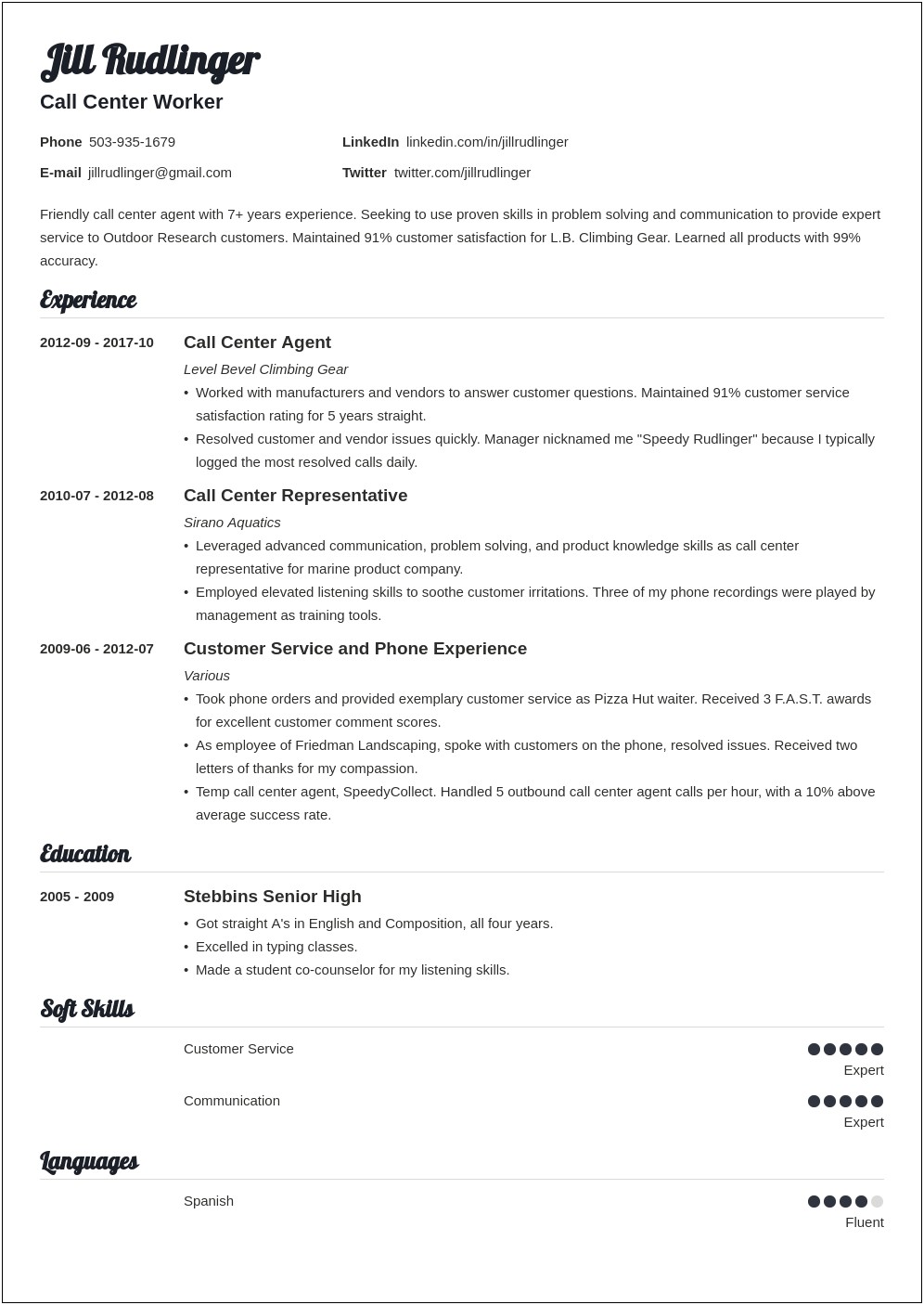 Resume For Call Center Job With Experience