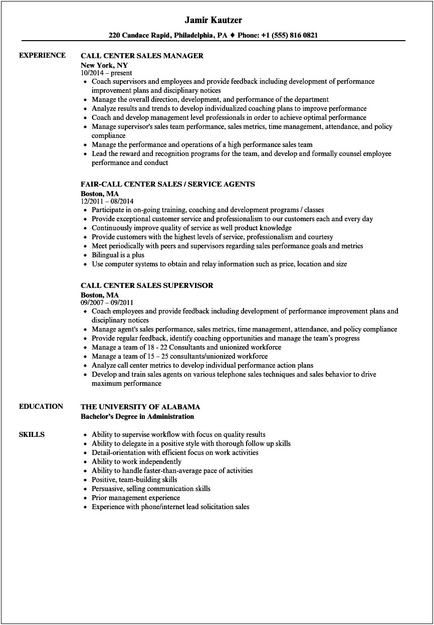 Resume For Call Center Job Without Experience
