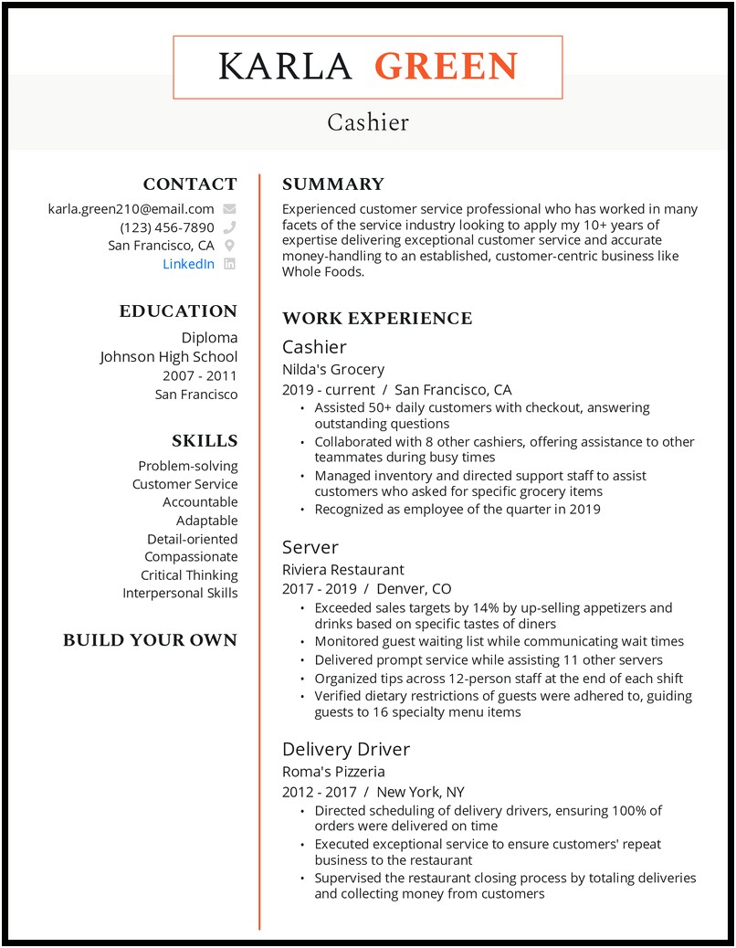 Resume For Cashier Job No Experience