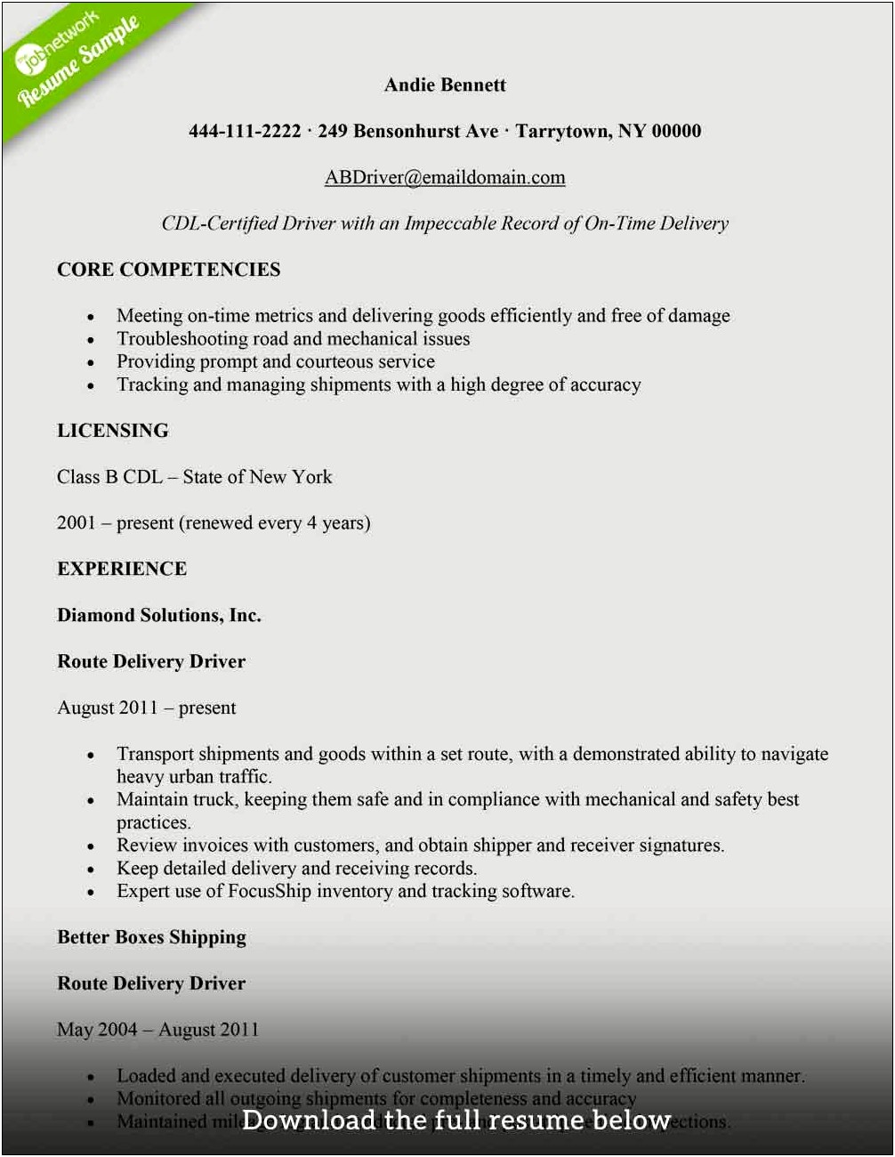 Resume For Cdl Driver With No Experience