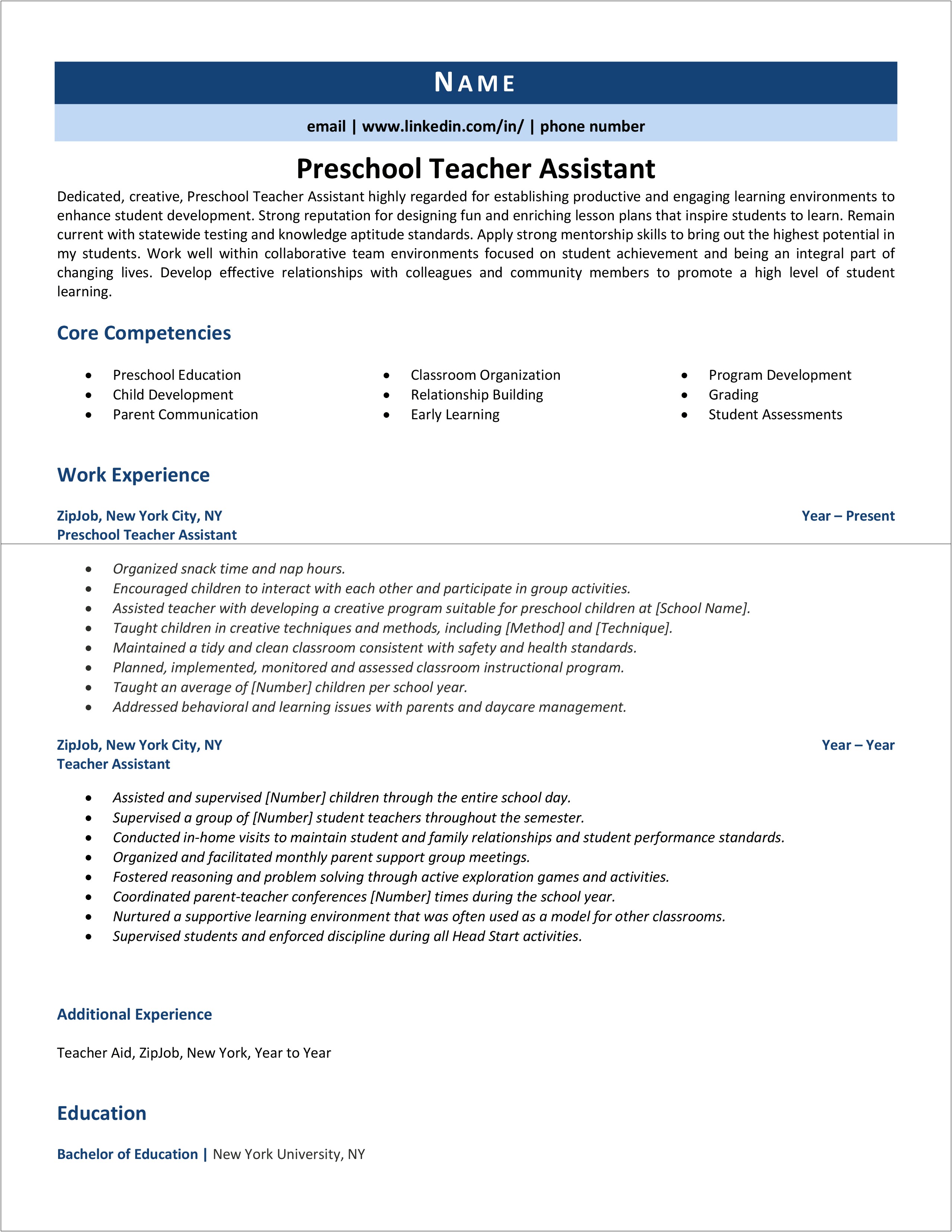 Resume For Child Care Assistant Example