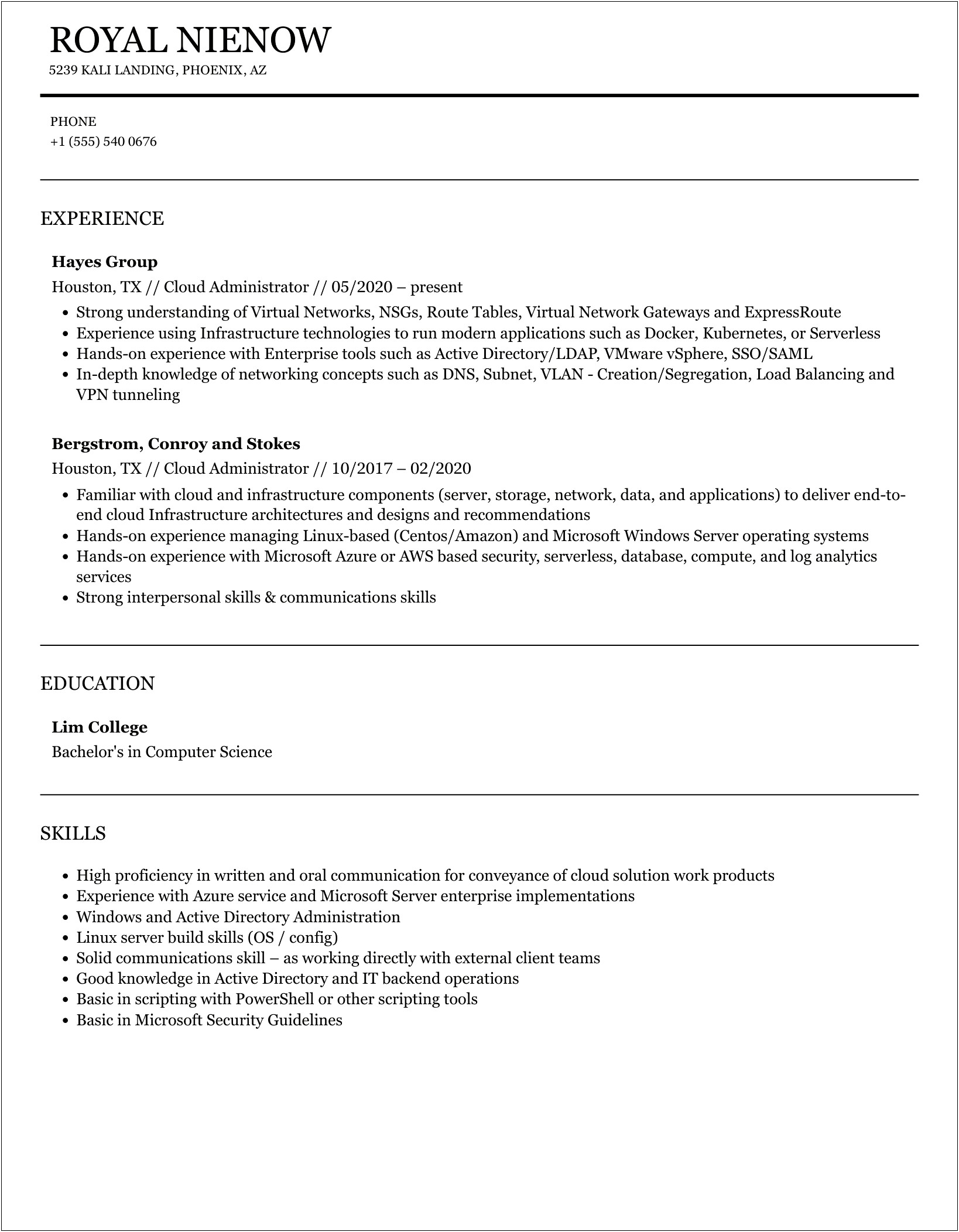 Resume For Cloud Administrator With 1 Year Experience