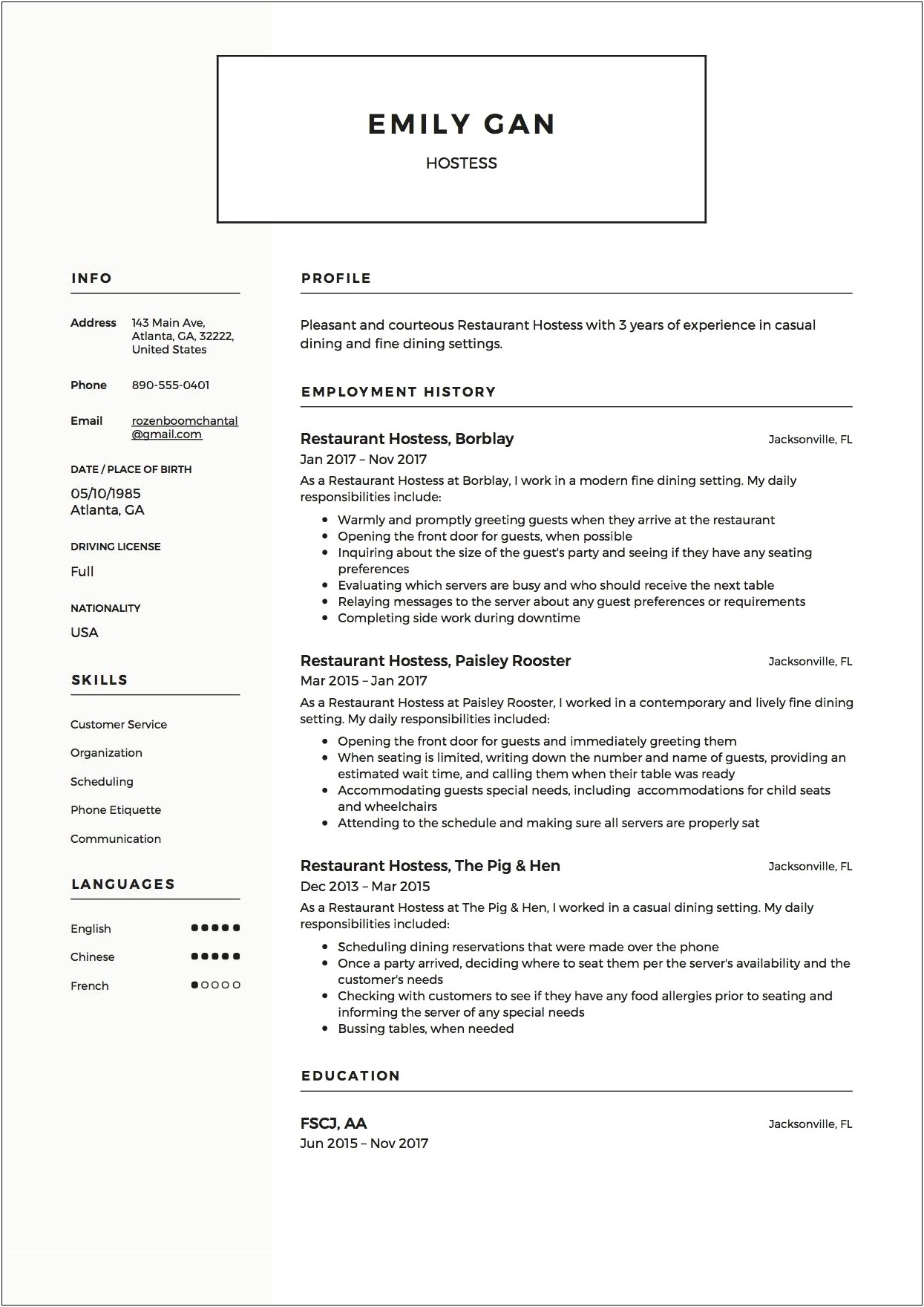 Resume For College Student Hostess With No Experience