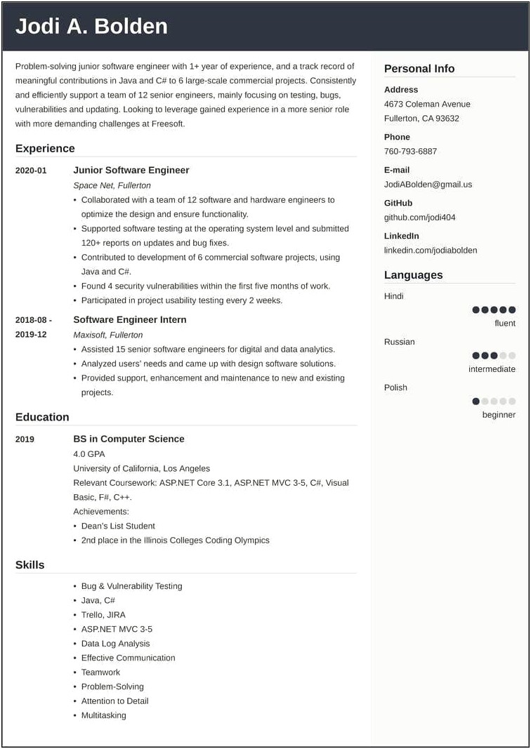 Resume For Computer Jobs In California