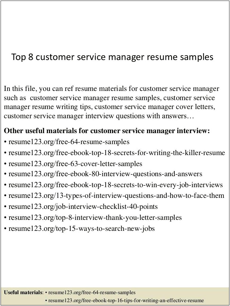 Resume For Customer Service Manager Position