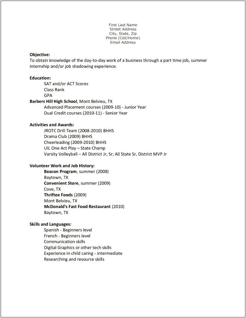 Resume For First Job For Students Sample