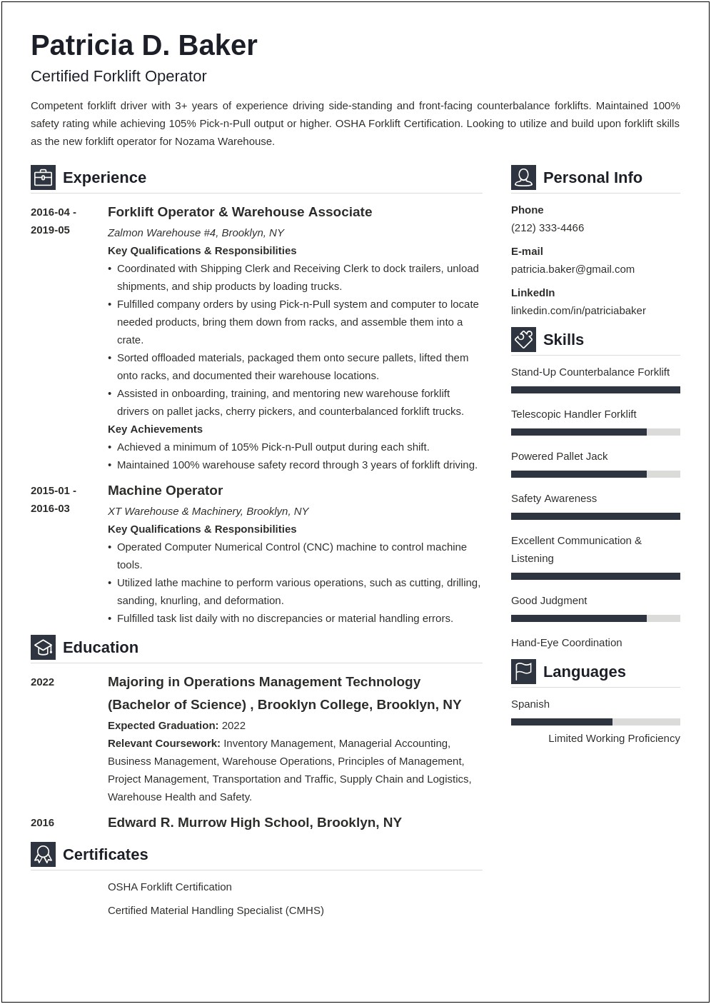 Resume For Forklift Driver No Experience