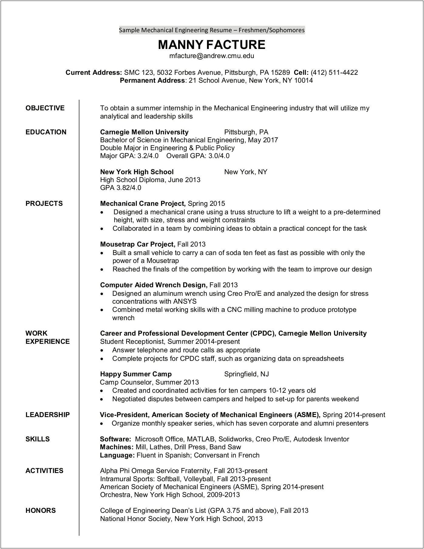 Resume For Freshman In High School