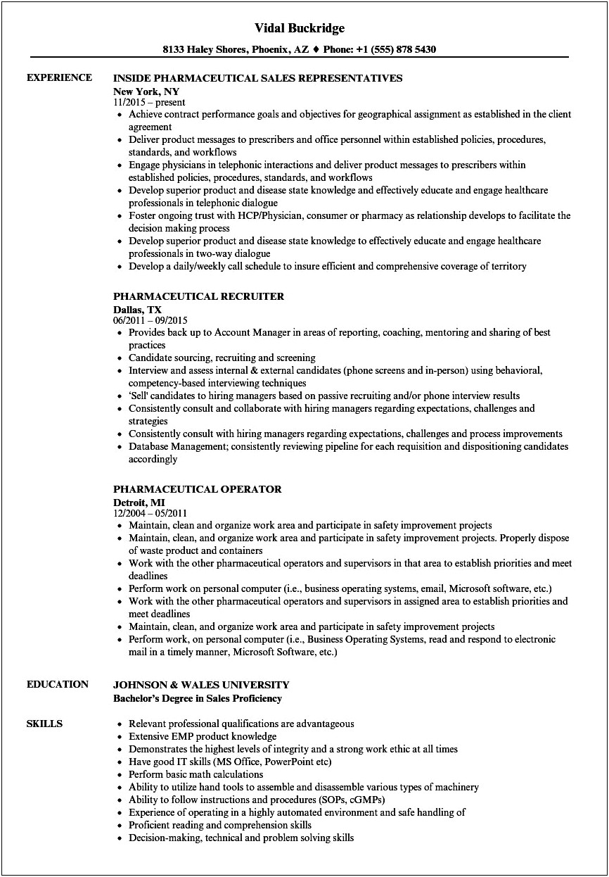 Resume For Gelatin Manufacturers Experience In Pharmaceutical