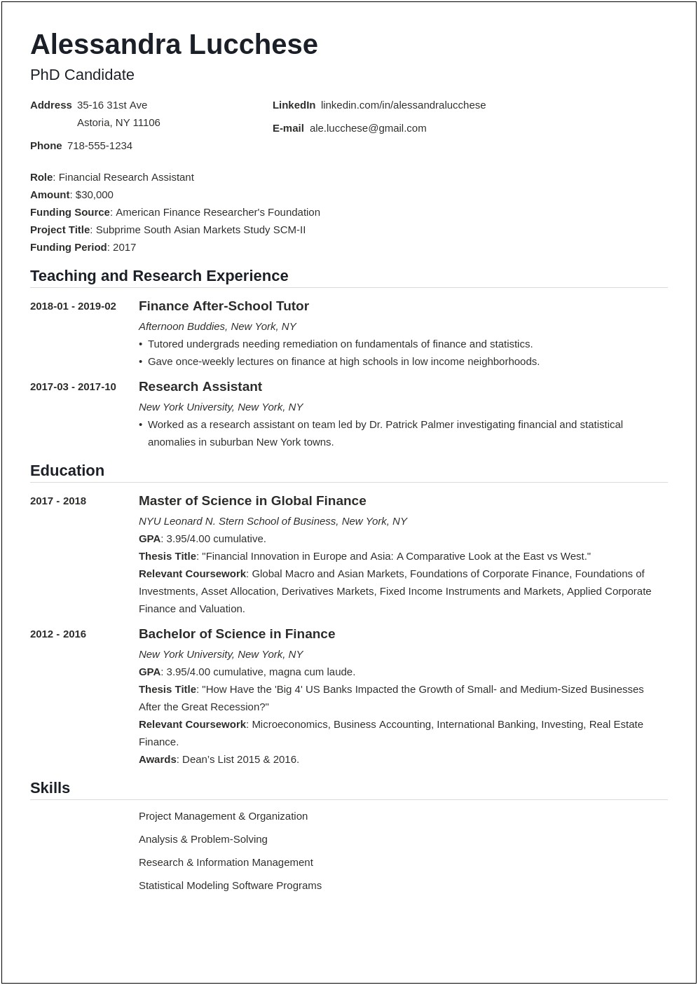 Resume For Grad School Education Up Top