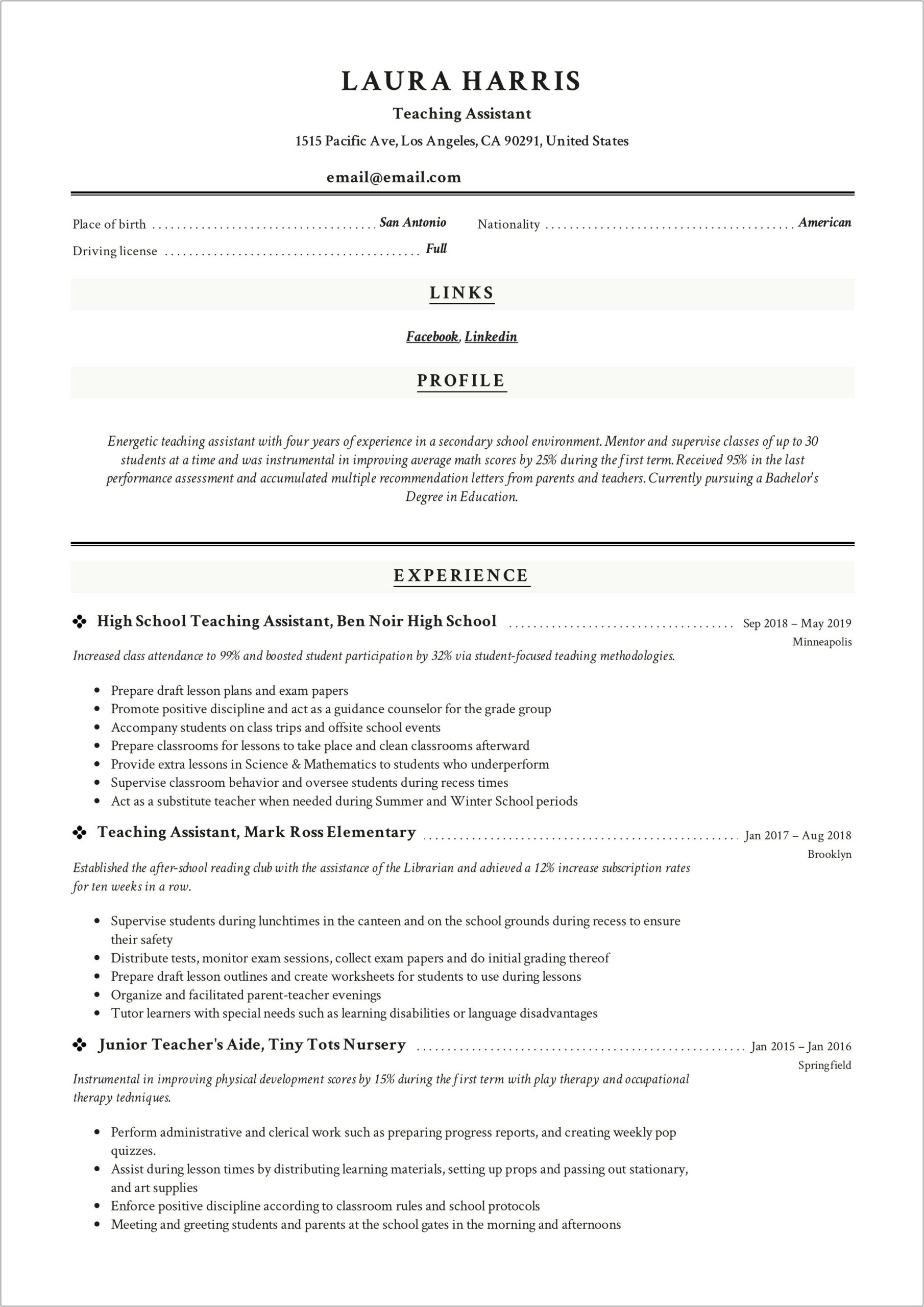 Resume For Graduate Assistant Position Sample