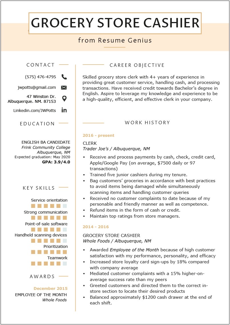 Resume For Grocery Clerk With No Experience