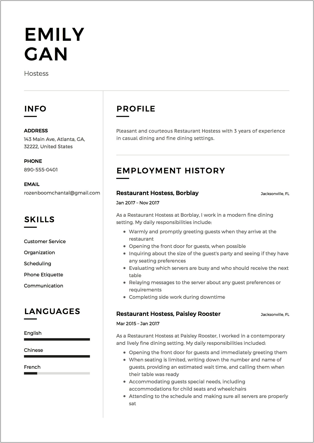 Resume For Hostess Job With No Experience