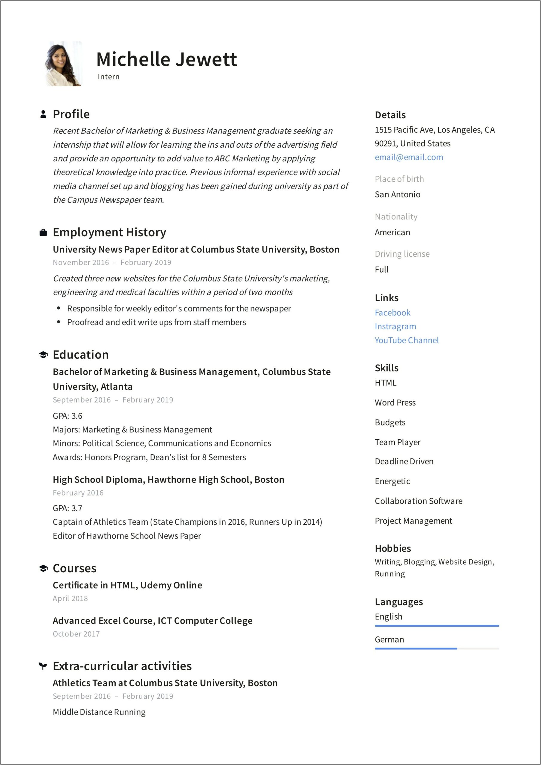 Resume For Internship Goal Statement Examples