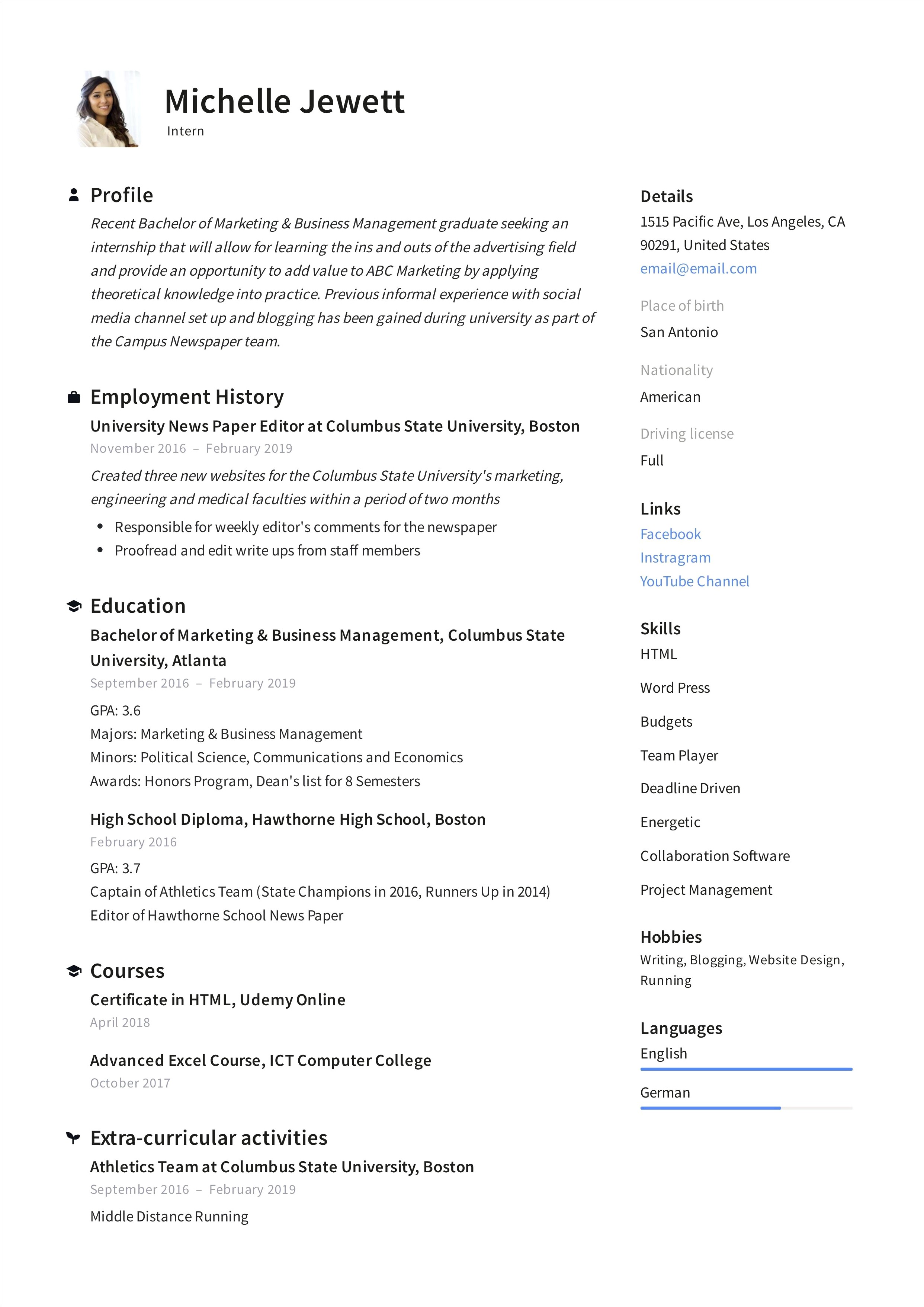 Resume For Internship Goal Statement Examples