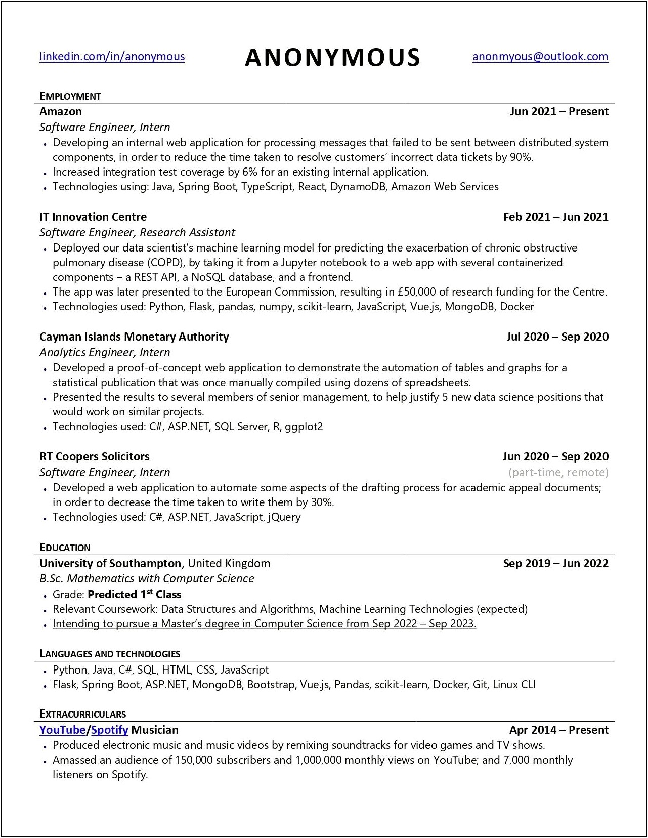 Resume For Internship Showing Cours Work