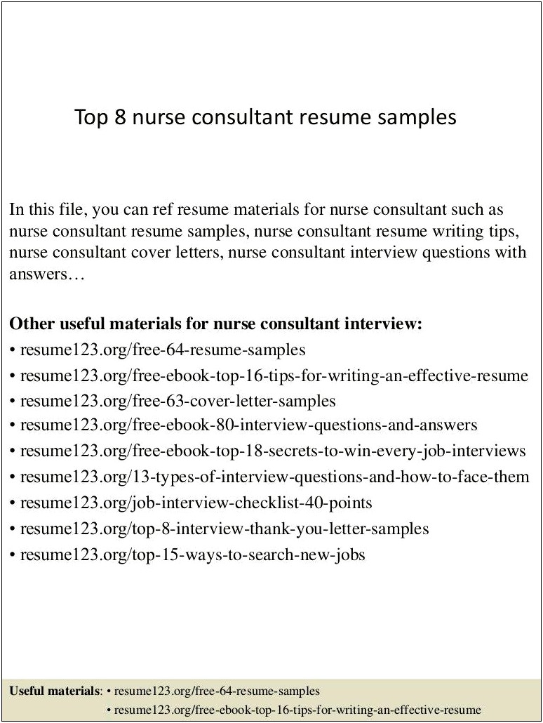 Resume For Job For Nurse Consultant