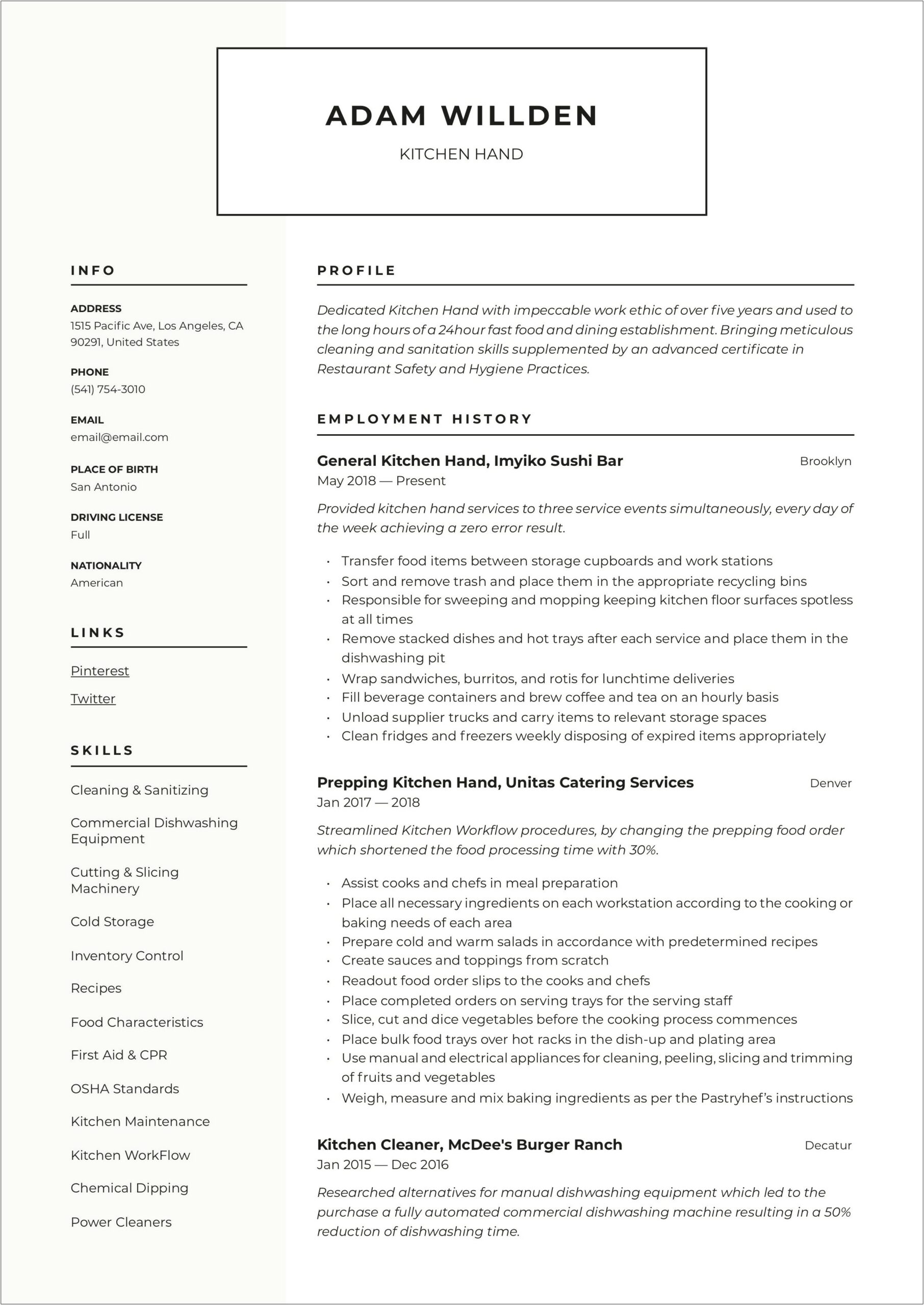 Resume For Kitchen Hand With No Experience