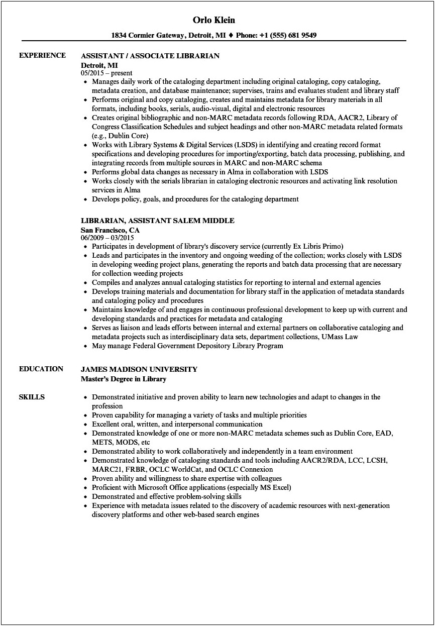 Resume For Library Job With No Experience