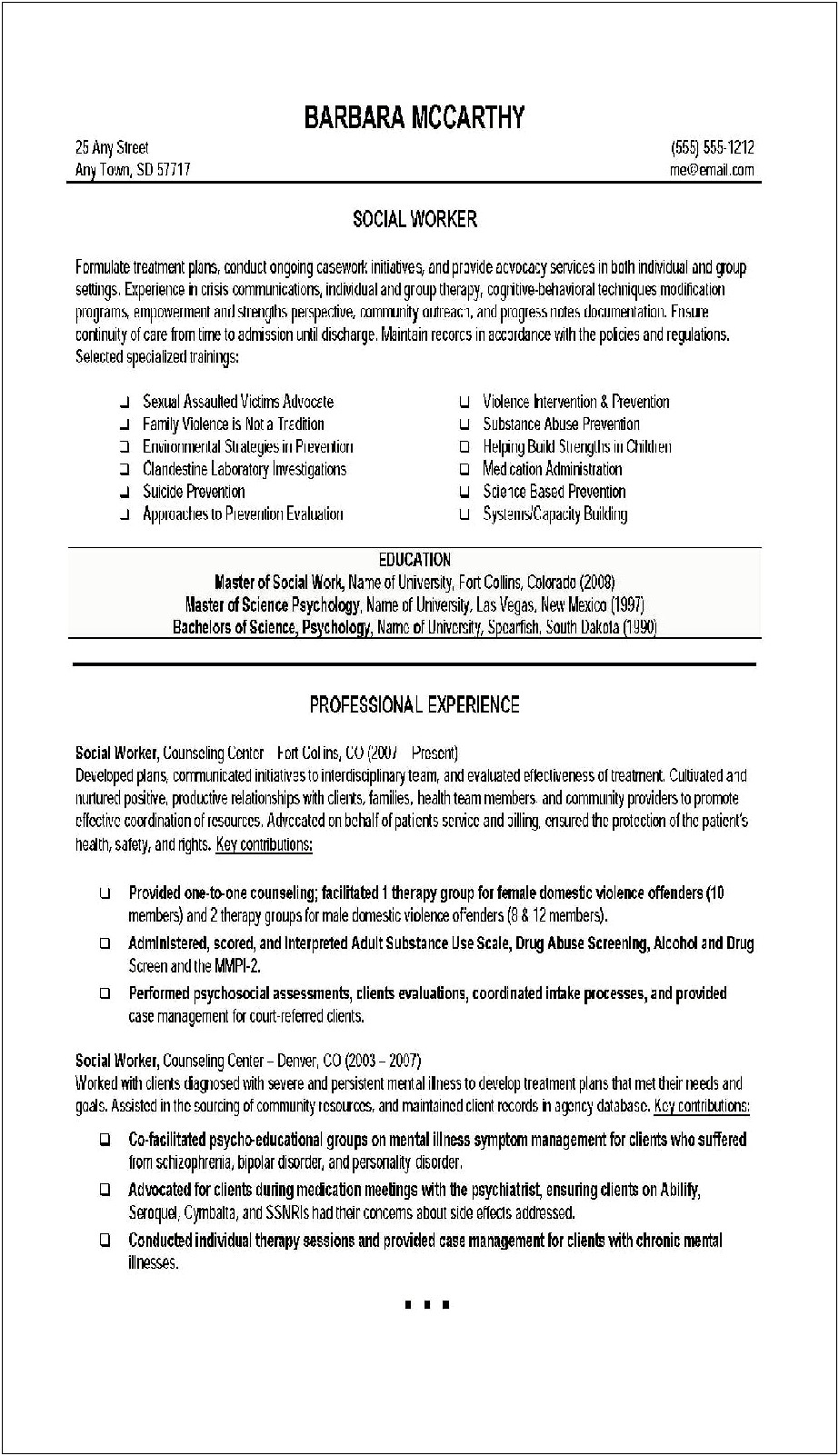 Resume For Master In Social Work Example