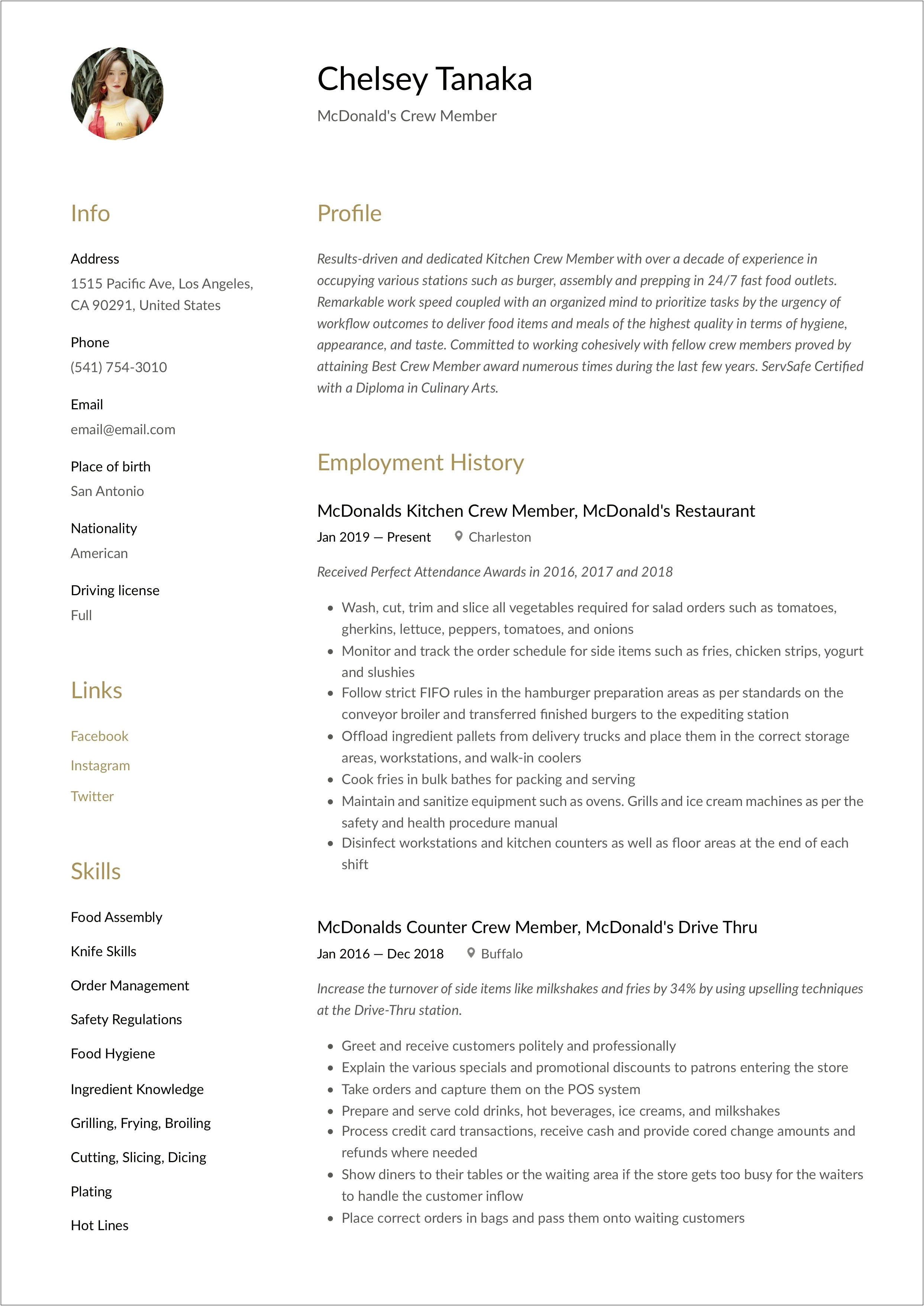 Resume For Mcdonald's No Experience