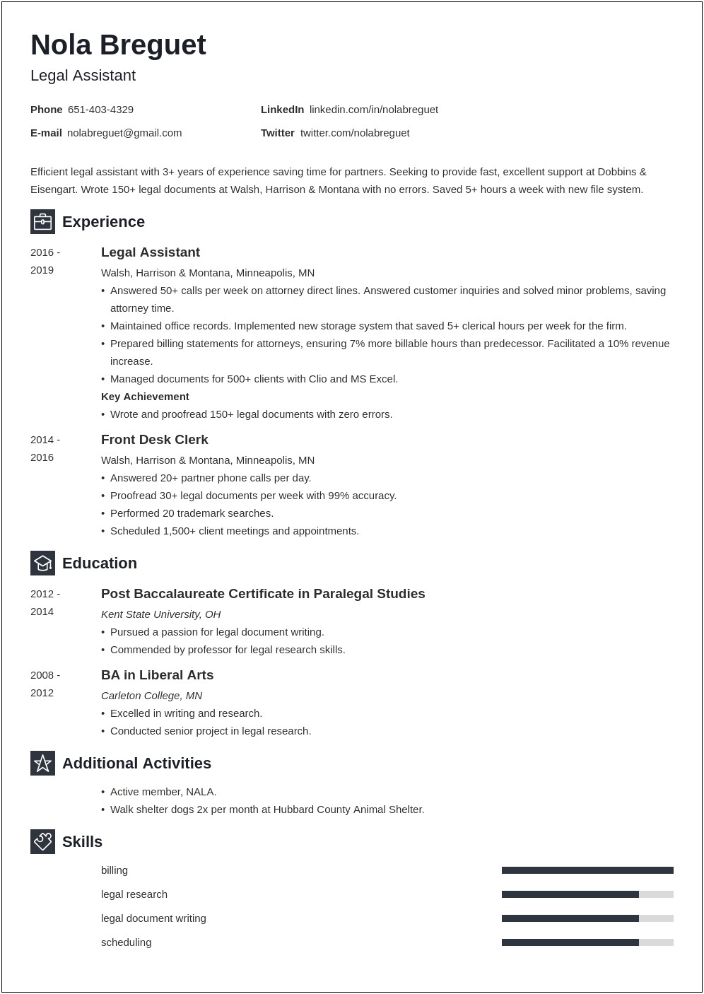 Resume For Paralegal Working In General Business Matters