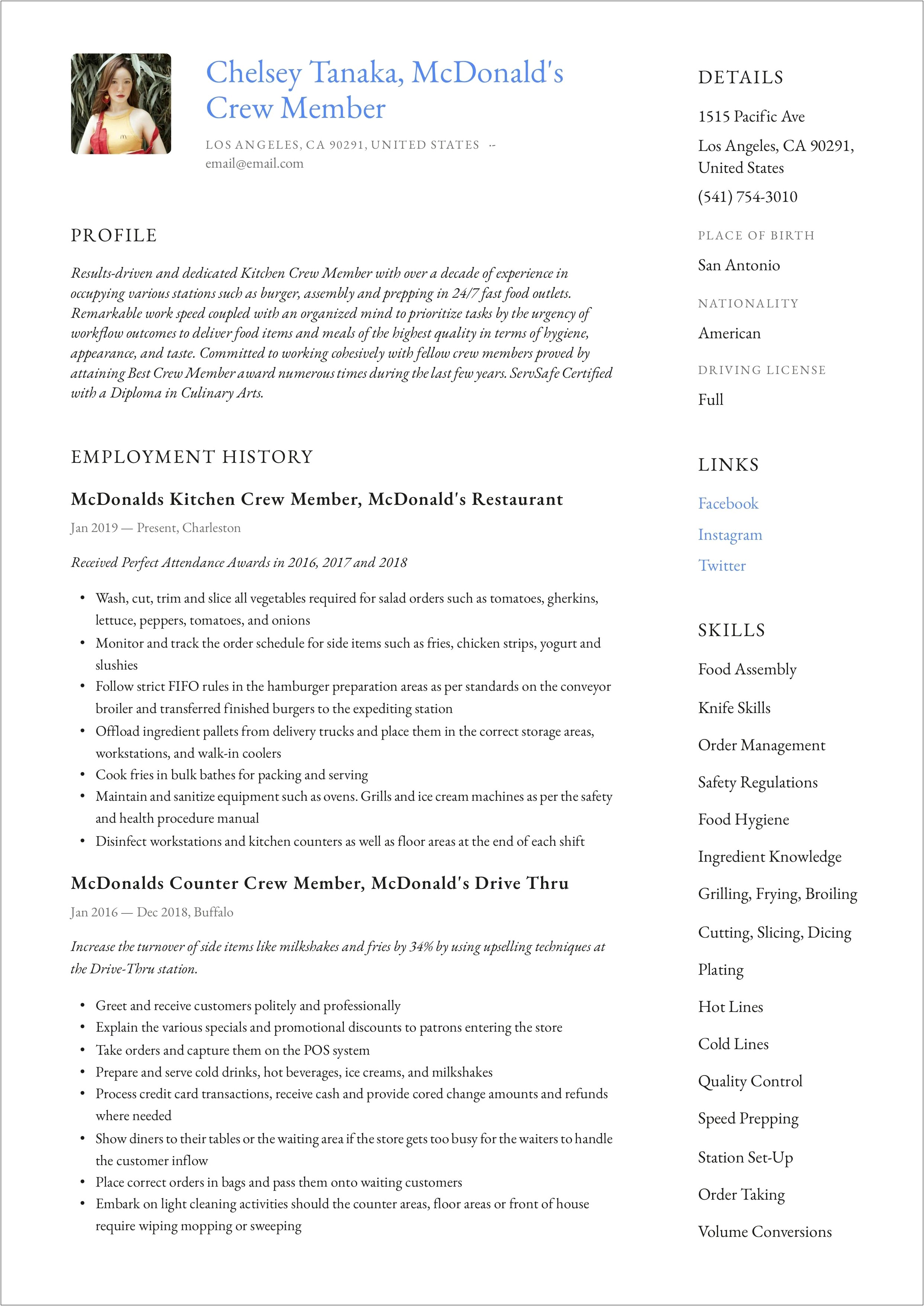 Resume For Part Time Job In Mcdonalds