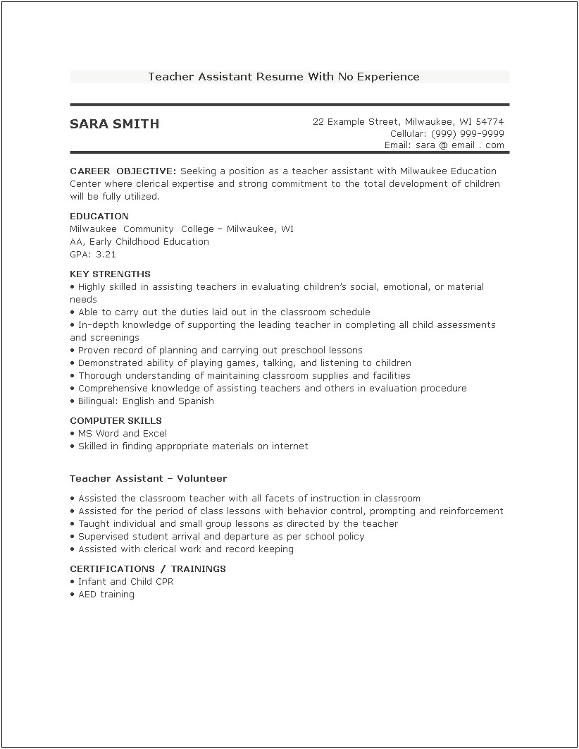 Resume For Preschool Teacher Without Experience