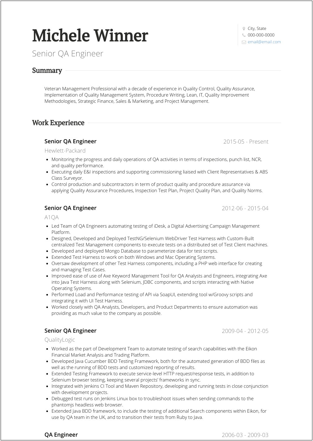 Resume For Quality Control Production Management