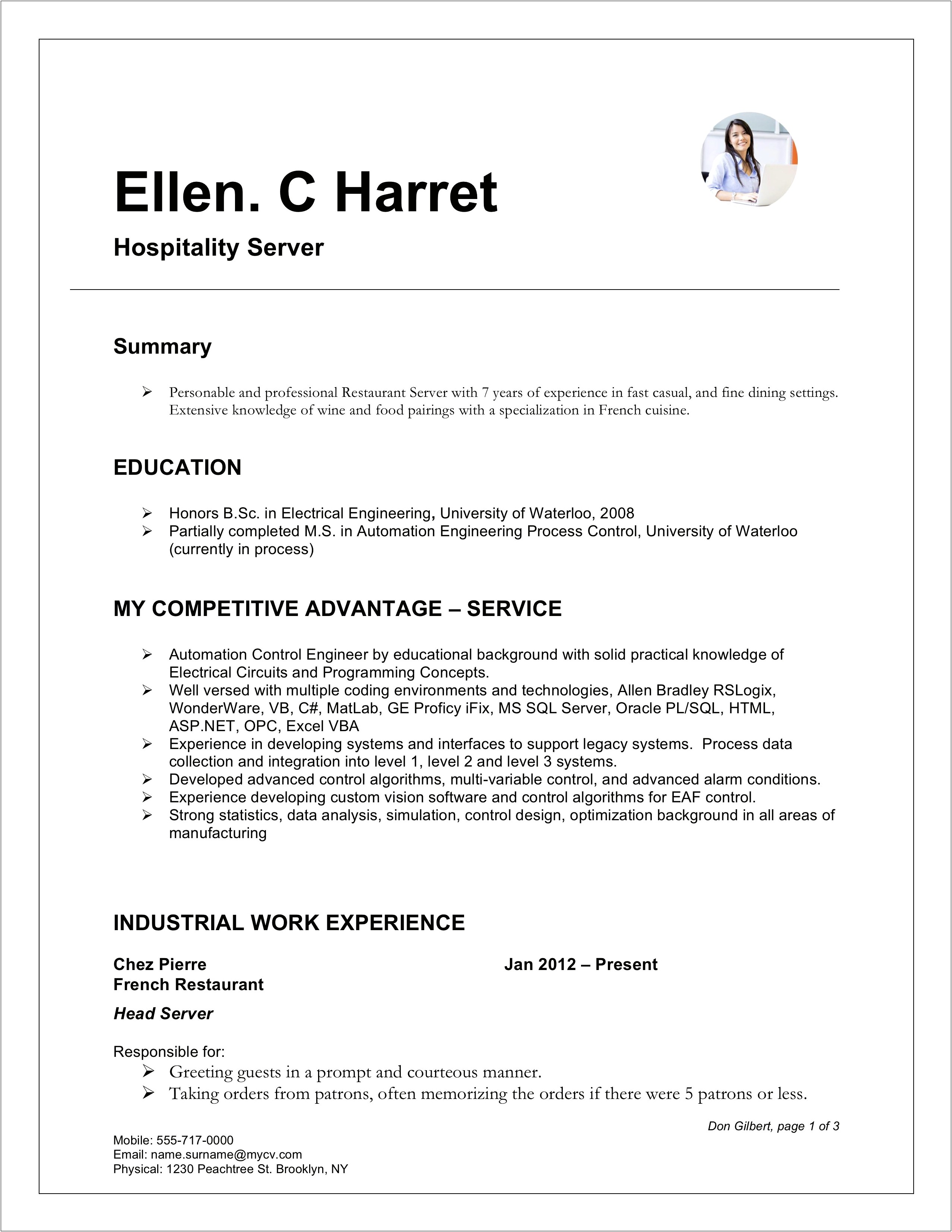 Resume For Restaurant Server With No Experience