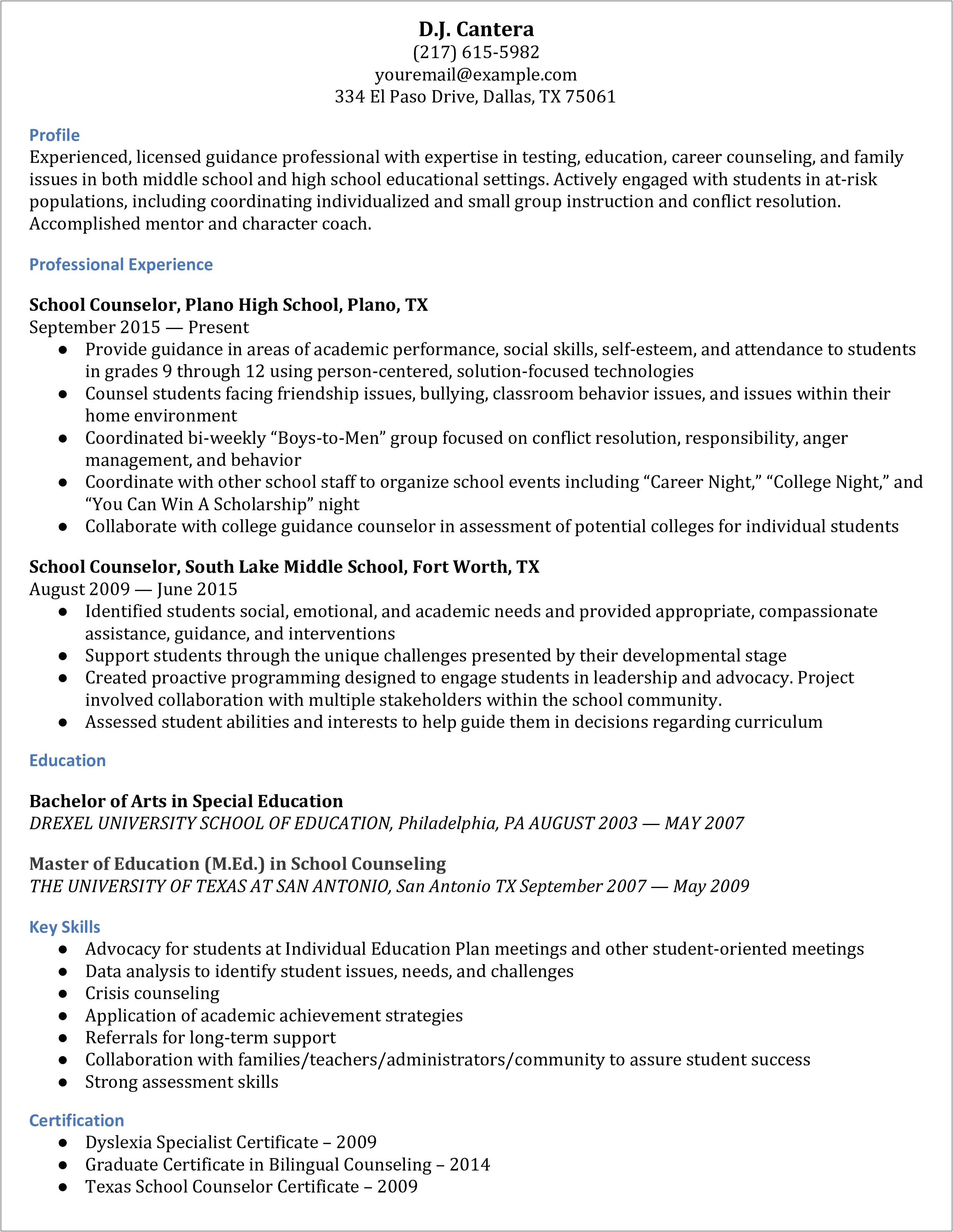 Resume For School Counseling First Job